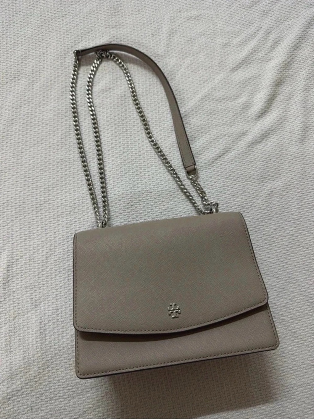 Tory Burch Taupe Leather Crossbody with Silver Chain